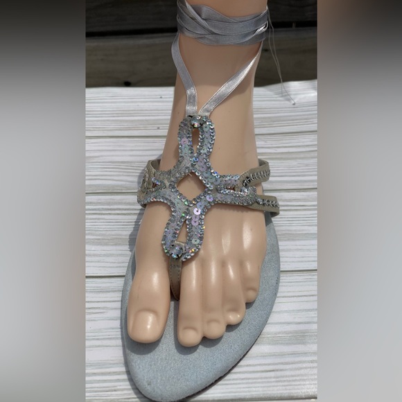 Colin Stuart Women’s Vintage Blue Sequin Wrap Strappy Flip Flop Sandals 7 NWOT - Picture 2 of 9